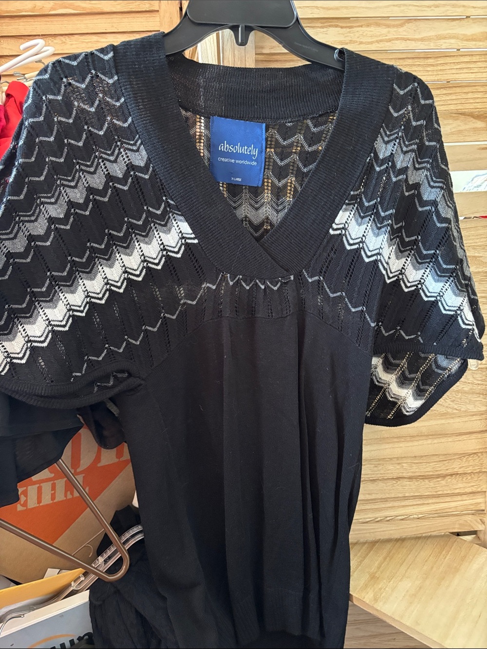 Absolutely Black Knit V-Neck Sweater with Chevron Yoke And Batwing Sleeves XL